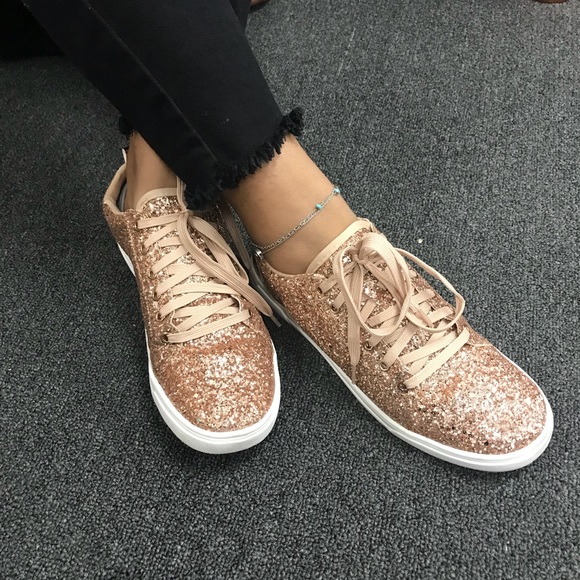 Ladies lace up glitters sneakers. Rose gold - Picture 2 of 6